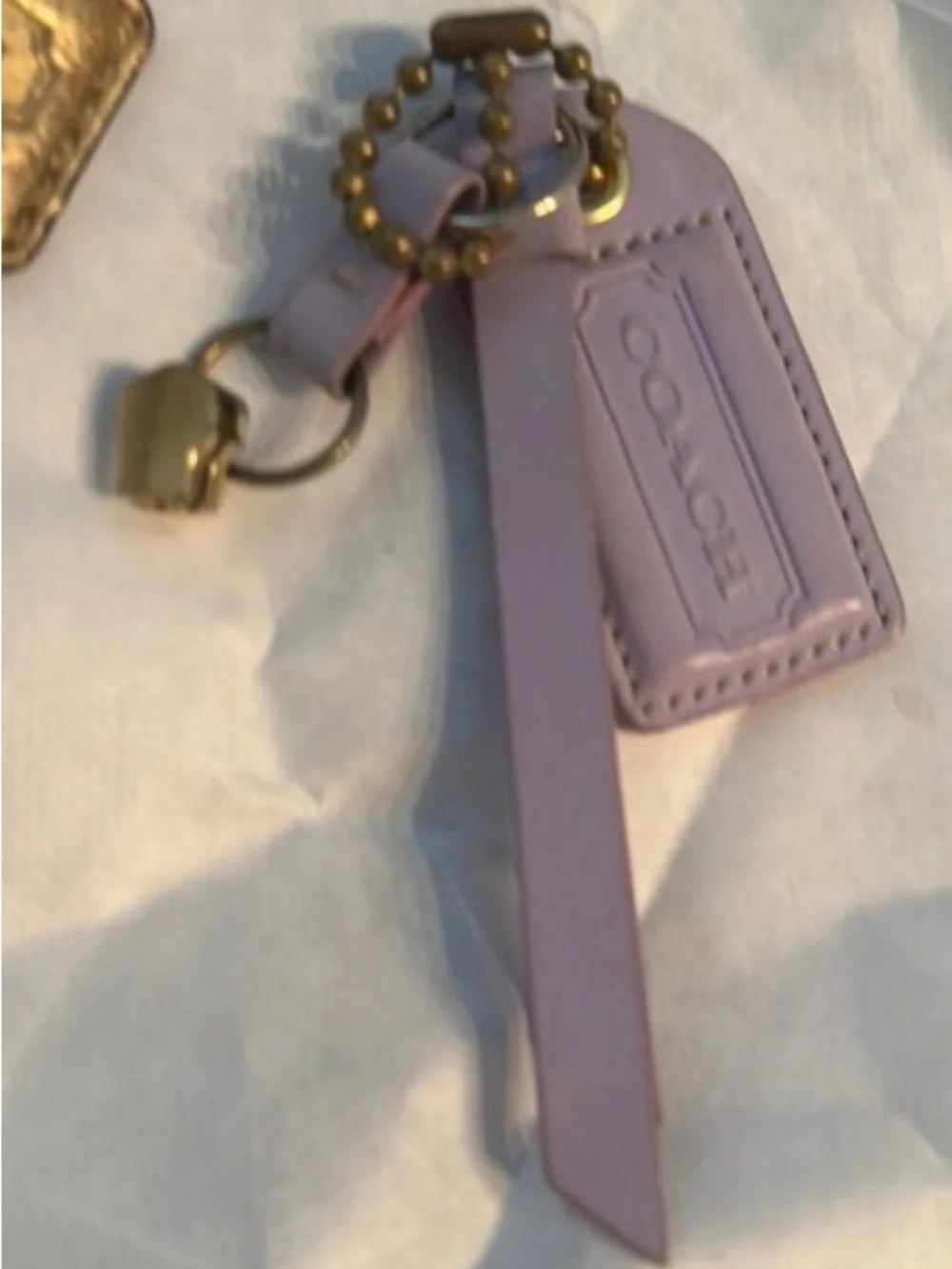 COACH LEATHER STRAP BRASS BALL CHAIN KEYFOB CHARM HANGTAG ZIPPER LAVENDER